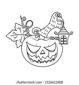 Halloween Jack o lantern and a crow vector illustration cartoon. Halloween cute cartoon colorless for coloring book. 