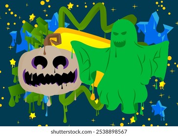 Dia das Bruxas Jack O' Lantern e Ghost Graffiti tag. Abstrato decoração moderna de arte de rua realizada em estilo de pintura urbana.