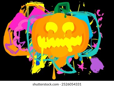 "Halloween Jack O' Lantern Graffiti tag" (em inglês). Arte moderna de rua abstrata Decoração de abóbora de férias realizada em estilo de pintura urbana.