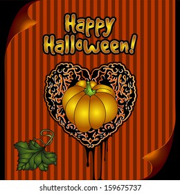 Halloween Jack o Lantern and leaf  on dark heart