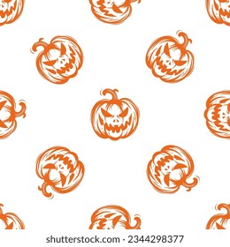 Halloween Jack O Lantern line art silhouette seamless pattern - autumn pumpkin background. Orange autumn outline vector illusration.