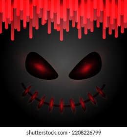 Halloween jack o lantern mask background with hair blood. Scary evil face glow in the dark concept. Red and black theme.