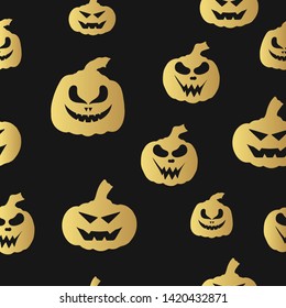 Halloween jack o lantern pumpkin pattern with spooky smiling faces. October party scary cartoon seamless background.
