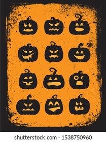 Halloween Jack O Lantern Pumpkin Face Icons Flat Black and Orange Vector Set 