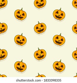 halloween jack o lantern pumpkin seamless pattern on white background. thin black outline hand drawn vector. doodle halloween for kids, wallpaper, cover, fabric, backdrop, wrapping paper and gift.