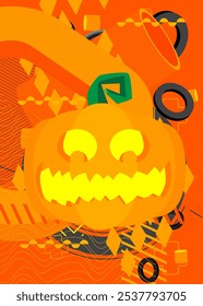 Halloween Jack O' Lantern calabaza geométrica gráfica retro tema de fondo. Elementos geométricos mínimos. Ilustración vectorial de Formas abstractas de Antiguas.