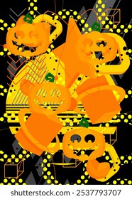 Halloween Jack O' Lanterna abóbora geométrica fundo tema retro gráfico. Elementos geométricos mínimos. Formas abstratas vintage ilustração vetorial.