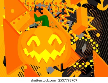 Halloween Jack O' Lantern calabaza geométrica gráfica retro tema de fondo. Elementos geométricos mínimos. Ilustración vectorial de Formas abstractas de Antiguas.