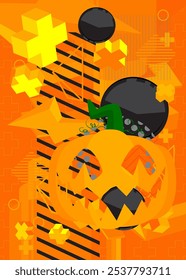 Halloween Jack O' Lanterna abóbora geométrica fundo tema retro gráfico. Elementos geométricos mínimos. Formas abstratas vintage ilustração vetorial.