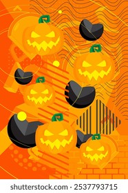 Halloween Jack O' Lantern calabaza geométrica gráfica retro tema de fondo. Elementos geométricos mínimos. Ilustración vectorial de Formas abstractas de Antiguas.