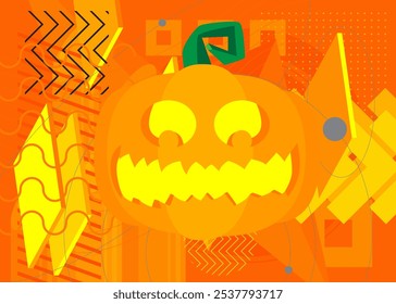 Halloween Jack O' Lantern calabaza geométrica gráfica retro tema de fondo. Elementos geométricos mínimos. Ilustración vectorial de Formas abstractas de Antiguas.