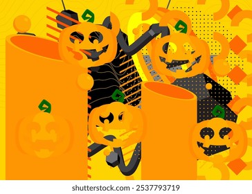 Halloween Jack O' Lantern calabaza geométrica gráfica retro tema de fondo. Elementos geométricos mínimos. Ilustración vectorial de Formas abstractas de Antiguas.