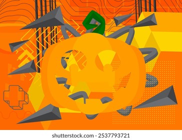 Halloween Jack O' Lantern calabaza geométrica gráfica retro tema de fondo. Elementos geométricos mínimos. Ilustración vectorial de Formas abstractas de Antiguas.