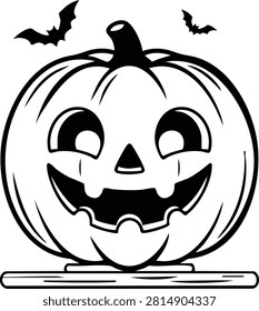 Halloween Jack o Lantern Pumpkin with Bats and Smoke Line Art