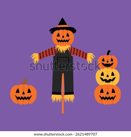 halloween jack o lantern pumpkin head, halloween scarecrow with jack o lantern head with hat and farmer overalls, stacked of 3 pumpkins head for halloween decoration flat vecor