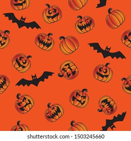 Halloween Jack O' Lantern Pumpkins and Bats Seamless Repeating Pattern Vector Illustration