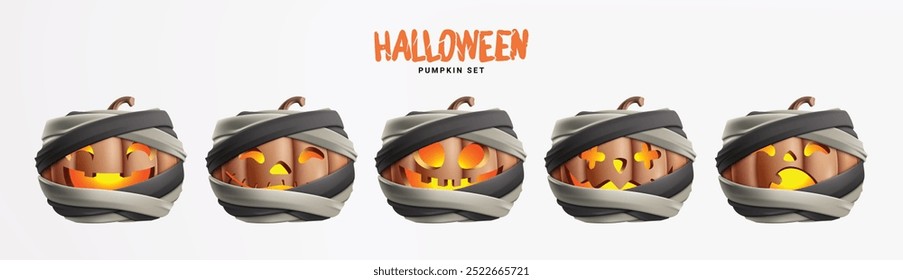 Halloween jack o linterna calabazas conjunto diseño de Vector. Calabazas de linterna Jack o personajes de momia con expresión facial divertida, linda y aterradora aislados en fondo blanco. Ilustración vectorial estacional 