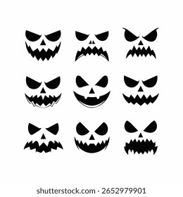 Halloween Jack o lanterna assustadora enfrenta Set Evil Expressions, silhuetas pretas, ilustrações vetoriais assustadoras.