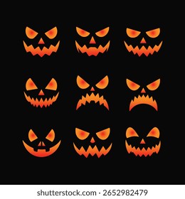 Halloween Jack o lanterna assustadora rostos, Set, Nove expressões brilhantes do mal, gráficos vetoriais assustadores