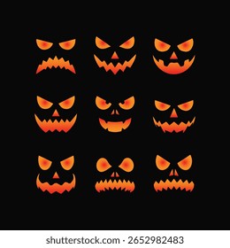 Halloween Jack o lanterna assustadora rostos, Set, Nove expressões brilhantes do mal, gráficos vetoriais assustadores