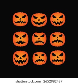 Halloween Jack o lanterna assustadora rostos, Set, Nove expressões brilhantes do mal, gráficos vetoriais assustadores