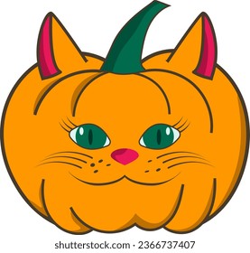 Halloween jack o lantern in shape of animal character smiling fat cat drawing in flat style