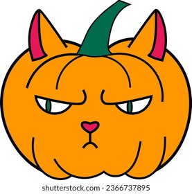 Halloween jack o lantern in shape of animal character grumpy fat cat drawing in flat style