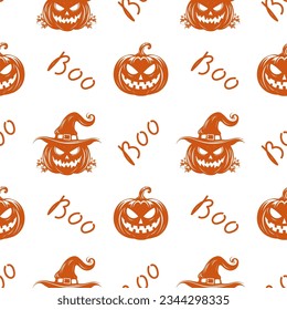 Halloween Jack O Lantern silhouette seamless pattern - autumn pumpkin background. Orange autumn vector illusration.