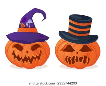 Halloween jack o lantern in witch and cylinder hat