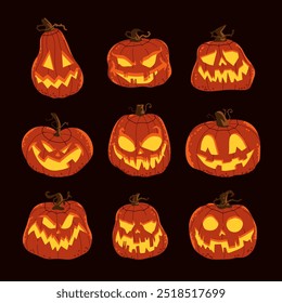 Dia das Bruxas Jack o Lanterns. Flexionante vetor de abóboras conjunto isolado em um fundo branco.