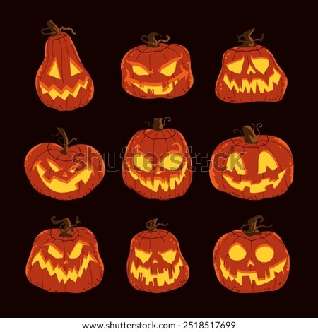 Halloween Jack o Lanterns. Glowing pumpkins vector cartoon set isolated on a white background.