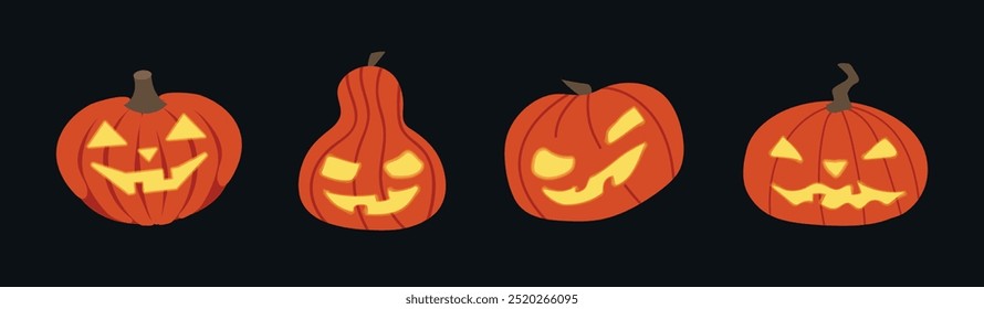 Halloween Jack O lanternas abóboras com brilho esculpido coleção conjunto ícone clipart avatar logotipo ilustração isolada