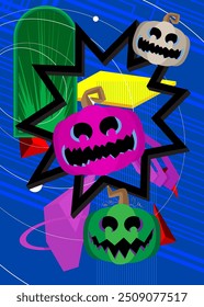 Dia das Bruxas Jack O'Lantern geometria gráfica retro fundo tema. Elementos geométricos mínimos. Formas abstratas vintage e ilustração de vetor de abóbora.