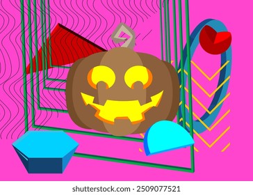 Halloween Jack O'Lantern geometrical graphic retro theme background. Minimal geometric elements. Vintage abstract shapes and Pumpkin vector illustration.