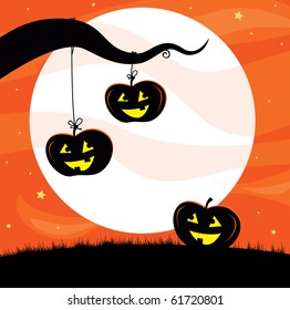 Halloween Jack O'Lantern Tree. Pumpkin heads hanging from tree branch. Scary halloween background.
