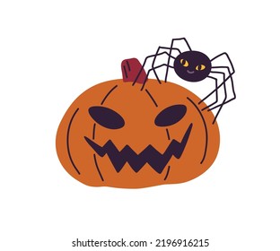 Halloween jack pumpkin and creepy carved face   cute funny spider  Scary spooky squash for Helloween holiday decoration  Childish flat graphic vector illustration isolated white background