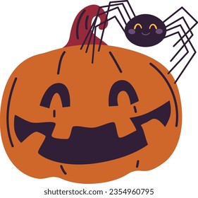 Halloween jack pumpkin and creepy carved face   cute funny spider  Holiday decoration isolated white background