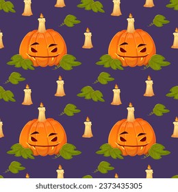 Halloween jack-o-lantern with candles seamless pattern on purple background.