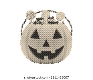 Halloween jack-o-lantern with colorful lollipops and candy isolated on transparent background. Vintage retro halftone vector illustration of smilin...