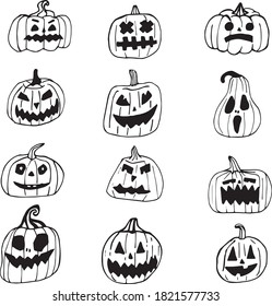 Halloween Jack-o'-lantern. Doodle creepy pumpkins . Vector illustration