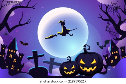 Halloween with jack-o-lantern in front and castle and moon in background, vector illustration