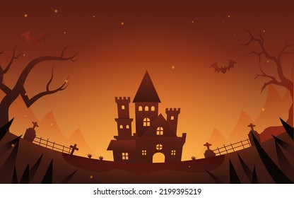 Halloween con jack-o-lantern en frente y castillo y luna en fondo, ilustración vectorial