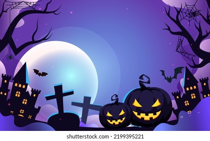 Halloween with jack-o-lantern in front and castle and moon in background, vector illustration