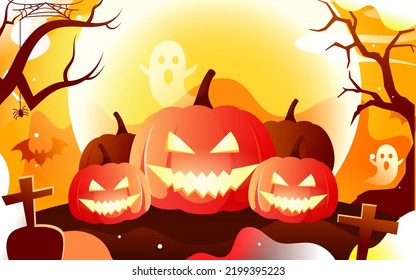 Halloween with jack-o-lantern in front and castle and moon in background, vector illustration