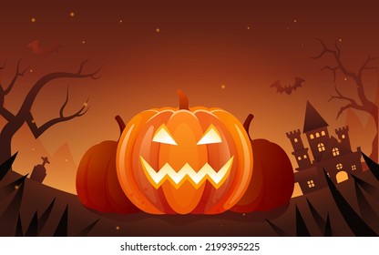 Halloween con jack-o-lantern en frente y castillo y luna en fondo, ilustración vectorial