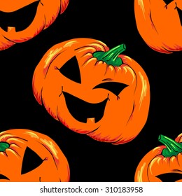 Halloween Jack-o-lantern orange pumpkin vegetable vector seamless pattern background texture