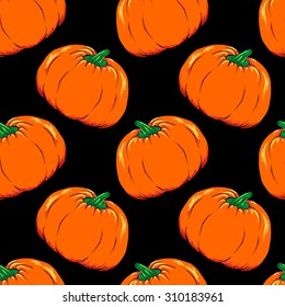 Halloween Jack-o-lantern orange pumpkin vegetable vector seamless pattern background texture