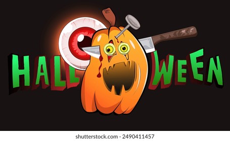 Halloween Jack-O-Lantern Pumpkin background, poster, web, banner  bat, creepy crazy red eyes with knife and nail in it. square greeting, invitation, card, template