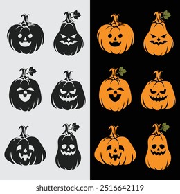 Halloween Jack-o'-Lantern Pumpkin Faces Set - Scary and Funny Carved Pumpkin Illustrations in Black and Orange for Festive Designs, Adesivos, e Decorações de Halloween