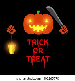 Halloween Jack-o-lantern pumpkin head holding knife and lantern with trick or treat text on black background 